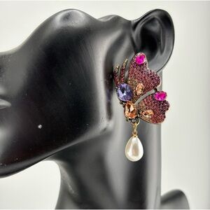 🦋 Pink Butterfly Crystal Earrings with Pearl Drop ✨